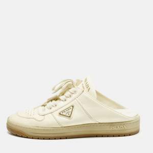 Pre Owned Prada Size 37.5 Cream Leather Sneaker Mules