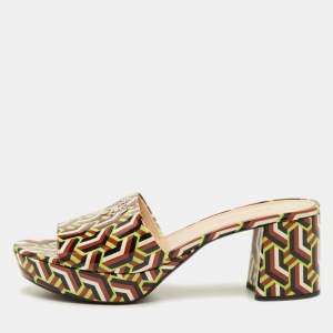 Pre Owned Prada Size 40 Multicolor Pattern Patent Leather Platform Block Heel Slide Sandals