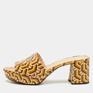 Pre Owned Prada Size 40 Multicolor Pattern Patent Leather Platform Block Heel Slide Sandals