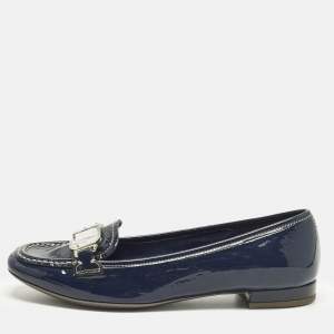 Pre Owned Prada Bow Size 35 Navy Blue Patent Leather Crystal Embellished Slip On Loafers