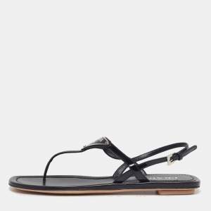 Pre Owned Prada Size 37.5 Black Patent Leather Logo Plaque Thong Sandals