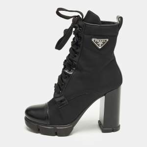 Pre Owned Prada Monolith Size 38 Black Leather Nylon Ankle Length Boots