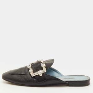 Pre Owned Prada Size 40 Black Leather Crystal Embellished Buckle Detail Flat Mules