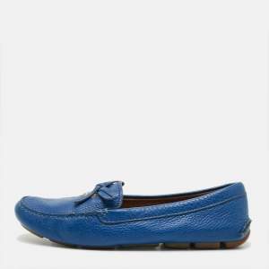 Pre Owned Prada Size 38 Blue Leather Bow Loafers
