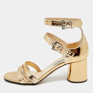Pre Owned Prada Size 37 Gold Leather Ankle Strap Sandals