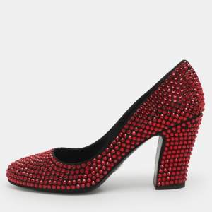 Pre Owned Prada Crystal Embellished Size 41 Red/Black Satin Pumps
