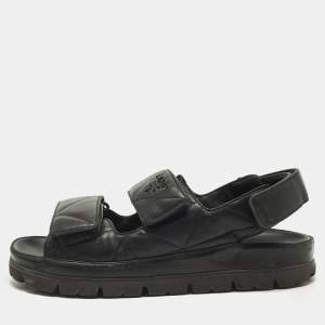 مملوكة مسبقًا Prada Size 38 Black Quilted Leather Velcro Strap Flat Slingback Sandals