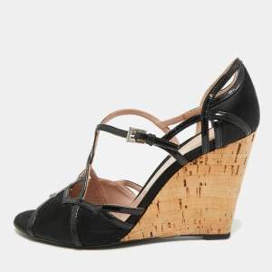 Pre Owned Prada Size 38.5 Black Patent Leather and Satin Wedge Sandals