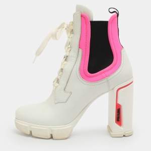 مملوكة مسبقًا Prada Size 41 White/Pink Leather Neoprene Ankle Length Boots