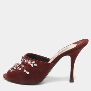 Pre Owned Prada Size 37.5 Burgundy Suede Crystal Embellish Mules