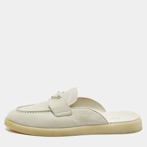 Pre Owned Prada Size 38.5 Grey Suede Logo-Plaque Flat Mules