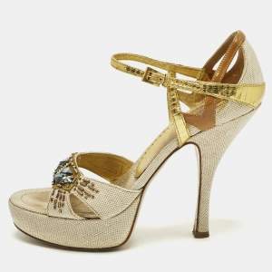 Pre Owned Prada Size 38 Gold/Grey Canvas and Metallic Leather T-Strap Sandals