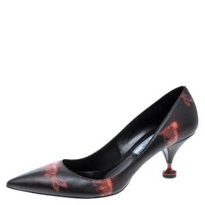 Pre Owned Prada Black Printed Leather Kitten Heels Pumps Size 36.5