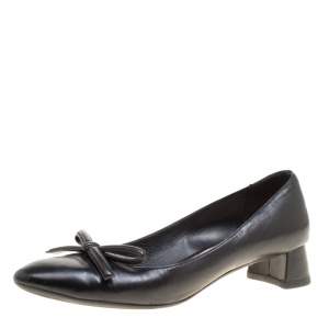 Pre Owned Prada Black Leather Bow Block Heel Pumps Size 39