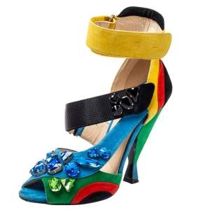 Pre Owned Prada Color Block Suede Asymmetric Jeweled Ankle Strap Sandals Size 38.5
