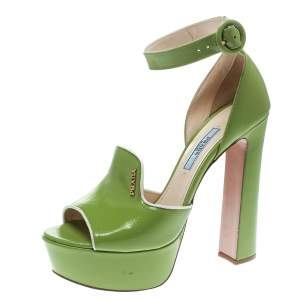 Pre Owned Prada Green Leather Ankle Strap Platform Sandals Size 36