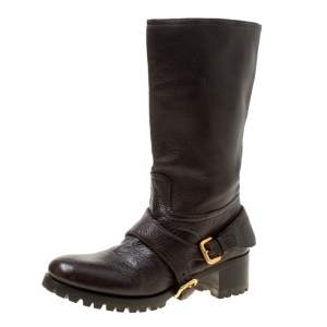 Pre Owned Prada Brown Leather Buckle Detail Calf Length Boots Size 37
