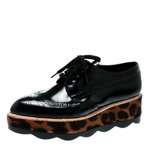 Prada Black Brogue Leather And Leopard Print Calf Hair Platform Derby Size 41