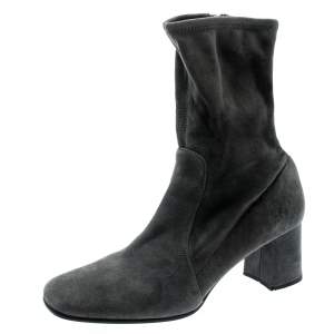 Pre Owned Prada Grey Suede Block Heel Ankle Boots Size 39