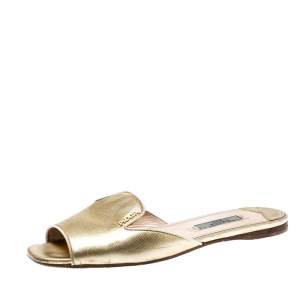 Prada Metallic Gold Saffiano Leather Flat Slides Size 36.5