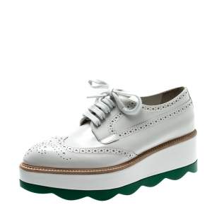 Pre Owned Prada White/Green Brogue Leather Platform Wingtip Lace Up Derby Size 38