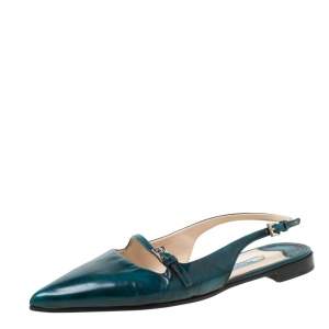 Pre Owned Prada Green Leather Slingback Flat Sandals Size 37