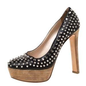 Pre Owned Prada Black Studded Leather Platform Pumps Size 38