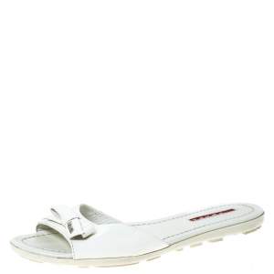 Pre Owned Prada White Patent Leather Bow Flats Size 36