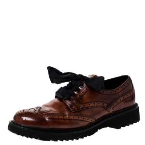 Pre Owned Prada Brown Brogue Leather Spazzolato Oxfords Size 37
