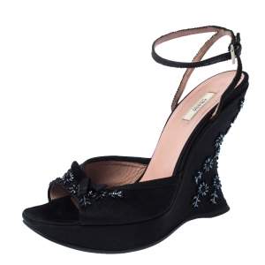 Prada Black Satin Embellished Platform Ankle Strap Sandals Size 37.5