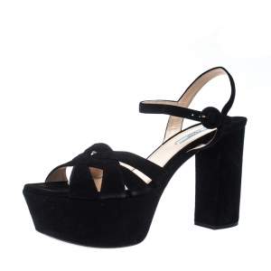 Prada Black Suede Ankle Strap Platform Block Heel Sandals Size 41