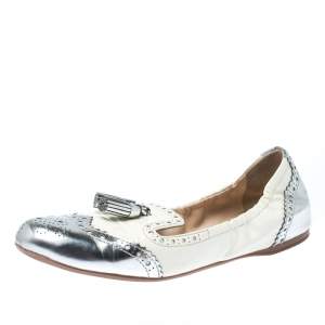 Pre Owned Prada Sport Metallic Silver And White Brogue Patent Leather Tessel Scrunch Ballet Flats Size 39