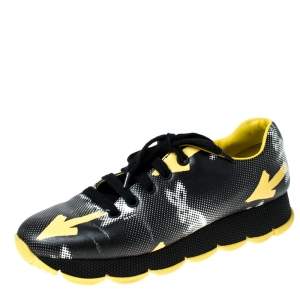 Pre Owned Prada Black/Yellow Arrow Graphic Arrow Leather Lace Up Sneakers Size 40