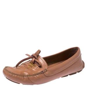 Pre Owned Prada Nude Beige Patent Leather Bow Loafers Size 37