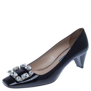 Pre Owned Prada Black Patent Leather Embellished Square Toe Pumps Size 37.5