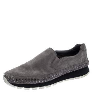 Pre Owned Prada Sport Grey Suede Crystal Embellished Slip On Sneakers Size 39.5