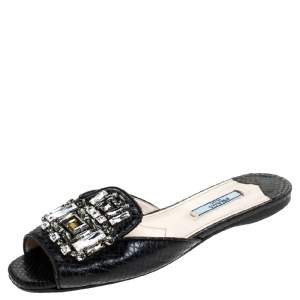 Pre Owned Prada Black Python Vernice Emebllished Flat Slides Size 37