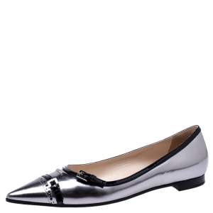 Pre Owned Prada Gunmetal/Black Patent Leather Buckle Detail Pointed Toe Flats Size 39
