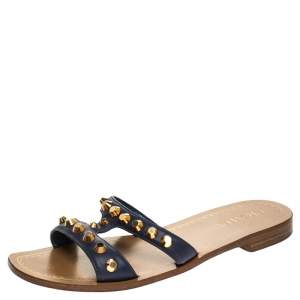 Pre Owned Prada Blue Leather Studded Flat Slides Size 38