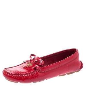 Pre Owned  Prada Red Saffiano Patent Leather Bow Loafers Size 36.5