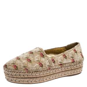 Pre Owned Prada Beige Floral Embroidered Canvas Platform Espadrille Flats Size 39
