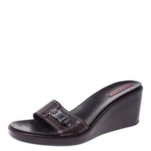 Pre Owned  Prada Dark Brown Leather Platform Wedge Slides Sandals Size 39
