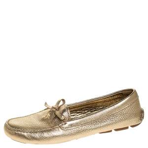 Pre Owned  Prada Metallic Gold Leather Bow Slip On Loafers Size 38