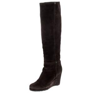 Prada Brown Suede Knee Length Wedge Boots Size 37.5