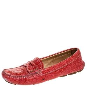 Pre Owned Prada Red Croc Embossed Leather Penny Loafers Size 38
