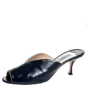 Prada Blue Saffiano Leather Peep Toe Mules Size 41