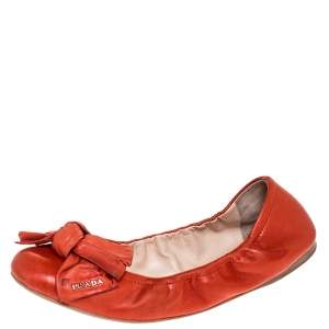 Pre Owned Prada Red Leather Bow Logo Scrunch Ballet Flats Size 40.5
