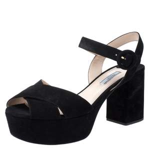 Prada Black Suede Leather Ankle Strap Platform Sandals Size 42