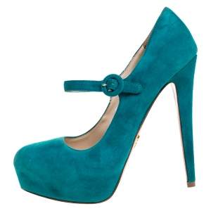 Pre Owned Prada Teal Suede Mary Jane Platform Pumps Size 37
