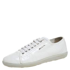 Prada Sport White Patent Leather Lace Up Low Top Sneakers Size 38.5